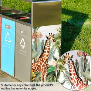 Detail of giraffe and palm tree stickers on trash can with transparent edge-free design
