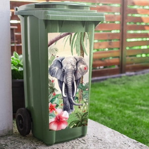 Outdoor green trash can with tropical elephant and palm leaf decorative decals