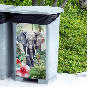 Realistic elephant and hibiscus floral decal applied to a grey outdoor trash bin