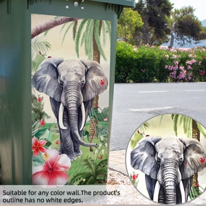 Detailed watercolor elephant wall sticker with tropical leaves and no white border design