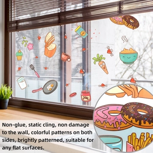 Close-up of static cling window stickers with colorful cartoon food and non-glue design