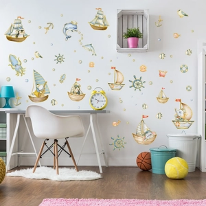 Nautical Animals Sailboat Wall Stickers PVC Waterproof Cartoon Elephant Penguin Dolphin Nursery Kids Room Home Decor