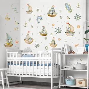Nautical nursery wall stickers featuring cartoon animals on sailboats and sea creatures