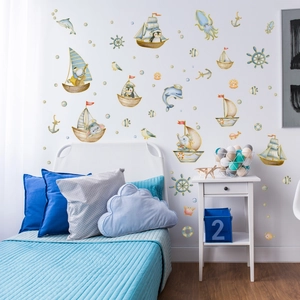 Cartoon nautical ocean animal wall decals featuring penguin sailors and sailboat stickers