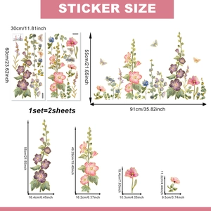 Floral wall stickers featuring purple mallows and golden butterflies, 2-sheet set 91x55cm