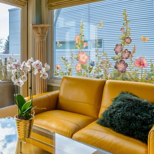 Floral static window cling with butterfly and gold outline for living room decoration
