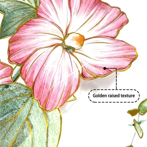 Detail of pink floral window sticker with golden raised texture and metallic relief effects