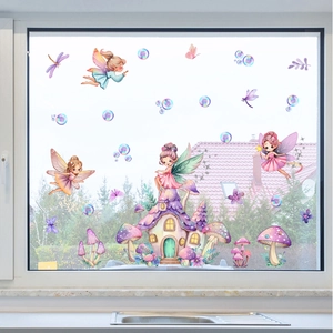 Whimsical fairy mushroom house window clings for creative home glass decoration