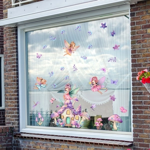 Dreamy mushroom house fairy static window decals for living room and nursery decor
