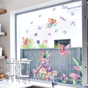 Whimsical fairy and mushroom house window stickers with colorful bubbles for home decor