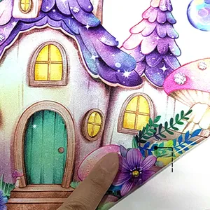 Detail of double-sided cartoon mushroom house window sticker with glitter finish texture