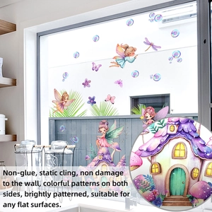 Detail view of static cling mushroom house and elf window stickers with double-sided design