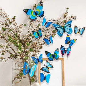 3D blue butterfly wall stickers with gold stamping patterns on indoor white floral vases