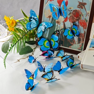 Blue 3D double-wing butterfly wall decals with gold foil patterns for home decor