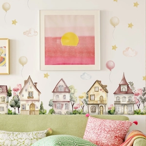 Aquarel Stadshuis Wolken Muurstickers Voor Kinderkamer Slaapkamer Verwijderbaar PVC Zelfklevend Huis Decoratie Muurstickers