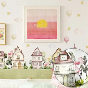 Detail van aquarel huis en ballon muurstickers met zelfklevende textuur