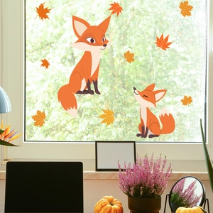 Cartoon foxes and orange maple leaves static window stickers for cozy autumn home decor