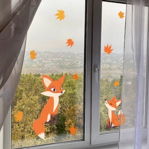 Autumn static window clings featuring cartoon foxes and orange maple leaves for home decor