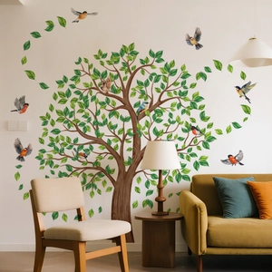 PVC Green Trees Birds Leaves Wall Stickers Self Adhesive Removable Decals Home Living Room Bedroom Background Decoration Modern