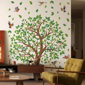 Creative green tree wall decal with colorful birds for minimalist living room decor