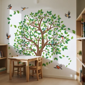 Vibrant tree wall decal with green leaves and seven colorful birds on a white interior wall