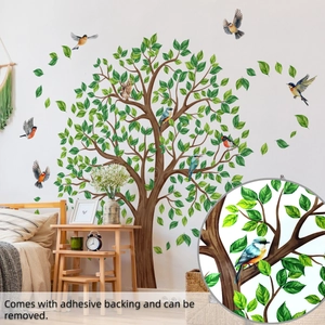 Detail view of bird and tree wall stickers showing the adhesive texture and leaf print quality