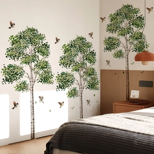 Forest theme wall stickers with three green birch trees and birds for home decoration