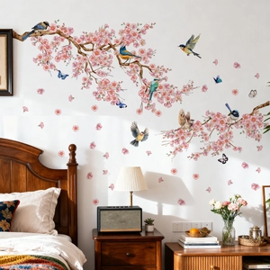 Rosa Kirschblüte Ast Wandaufkleber Vögel Schmetterlinge Abnehmbar PVC DIY Heimdekoration Für Wohnzimmer Schlafzimmer Büro