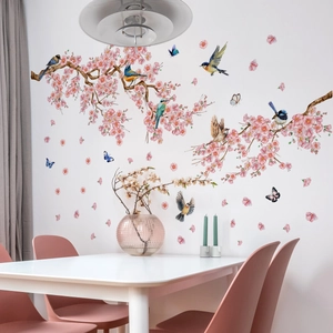 Detailansicht der Wandtattoo mit rosa Kirschblüten, bunten Vögeln und Schmetterlingen