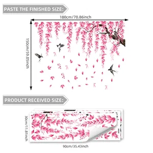 Wandsticker mit rosa Weinreben und Vögeln für das Wohnzimmer, Maße 180x150cm