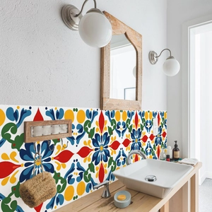 Nahaufnahme mediterraner Wandaufkleber mit Boho-Mustern für Badezimmer und Küche