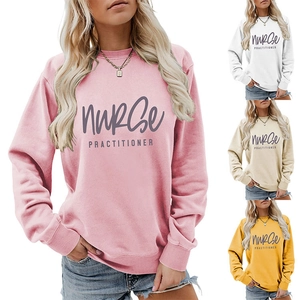 Detail view of cotton nurse practitioner sweatshirts in pink, white, beige, and yellow colors