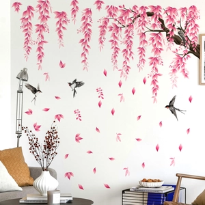 Wandaufkleber mit rosa Rebenblättern und Vögeln für Wohn- und Schlafzimmer Dekoration