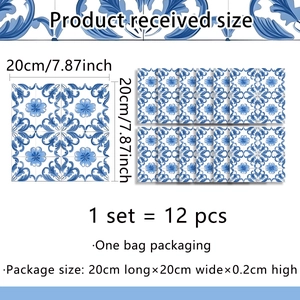 Blaue mediterrane Blumen-Fliesenaufkleber 12er-Set 20x20cm für die Wanddekoration