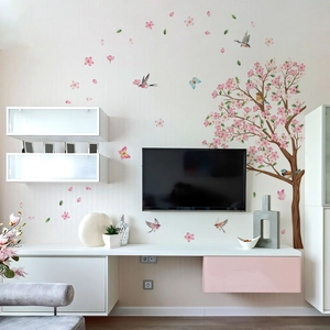Wandtattoo Kirschblütenbaum in Rosa mit Vögeln und Schmetterlingen für Wohnzimmer
