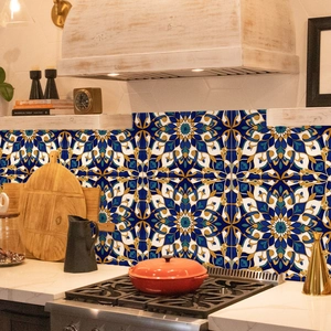 Blaue und goldene Mandala-Fliesenaufkleber für den Fliesenspiegel im mediterranen Stil