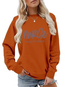 Detail of bright orange nurse practitioner sweatshirt with high-quality chest printing