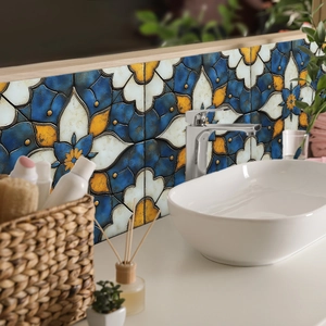 Details zu blau-orangen Mandala-Fliesenaufklebern als Spritzschutz im Badezimmer