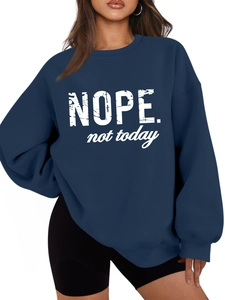 Detail of Nope Not Today print on high-quality navy blue oversized fleece sweatshirt