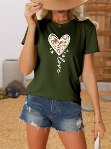 Detail view of dark green T-shirt with leopard print heart and Love lettering design