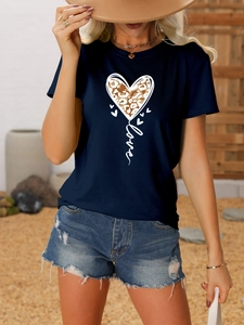 Detail of navy blue crew neck T-shirt with leopard print heart and love graphic