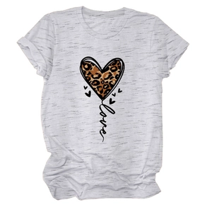 Detail of grey crewneck T-shirt showing leopard heart print and black cursive love text