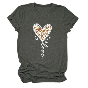 Detail of soft charcoal grey cotton tee with leopard print heart and Love text graphic