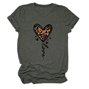 Detail of leopard print heart and love lettering on dark grey crewneck t-shirt fabric
