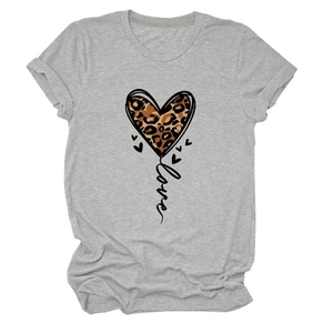 Detail of grey crewneck T-shirt featuring a leopard print heart and love lettering