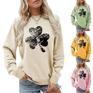 Detail view of four-color casual crewneck sweatshirts featuring vintage clover prints