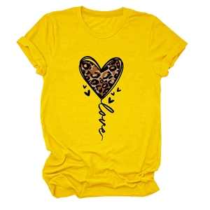 Detail of yellow cotton T-shirt featuring a leopard print heart and Love script design