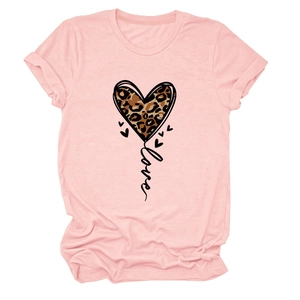 Detailed view of pink casual t-shirt with heart leopard print and love text