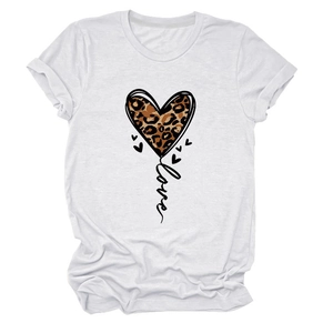 Detail of white crew neck t-shirt featuring leopard print heart and Love text graphic