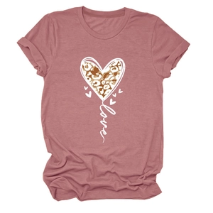 Close-up of leopard print heart and love lettering on dusty pink short sleeve T-shirt